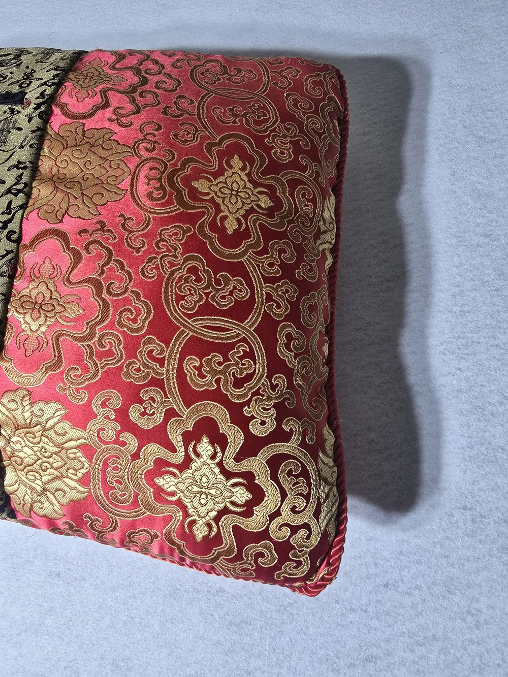 Ornate Red and Gold Decorative Accent Pillow with Embroidered Panel